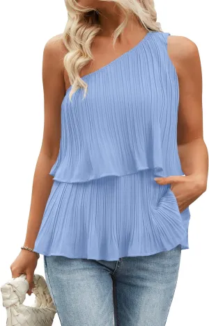 ZESICA Women's One Shoulder Tank Tops Summer Sleeveless Ruffle Tiered Layered Chiffon Flowy Blouses Shirts