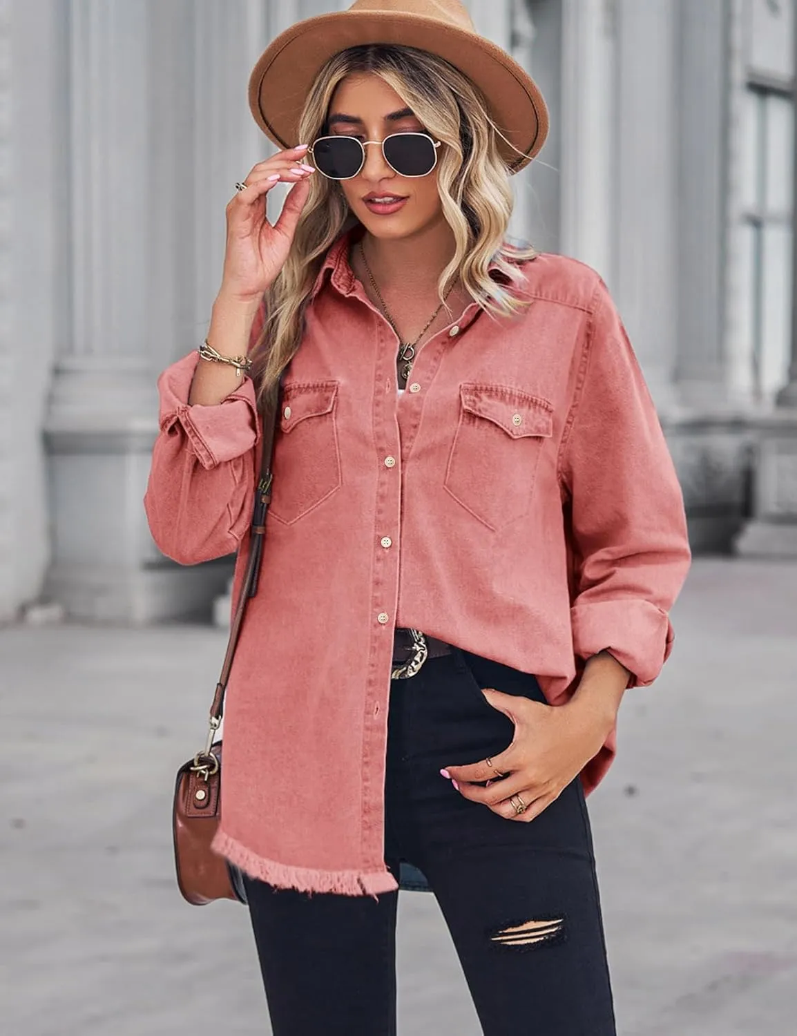 Zilcremo Women Denim Shirt Chambray Collared Jean Shirts Long Sleeve Pocket Button Down Blouses