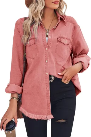 Zilcremo Women Denim Shirt Chambray Collared Jean Shirts Long Sleeve Pocket Button Down Blouses