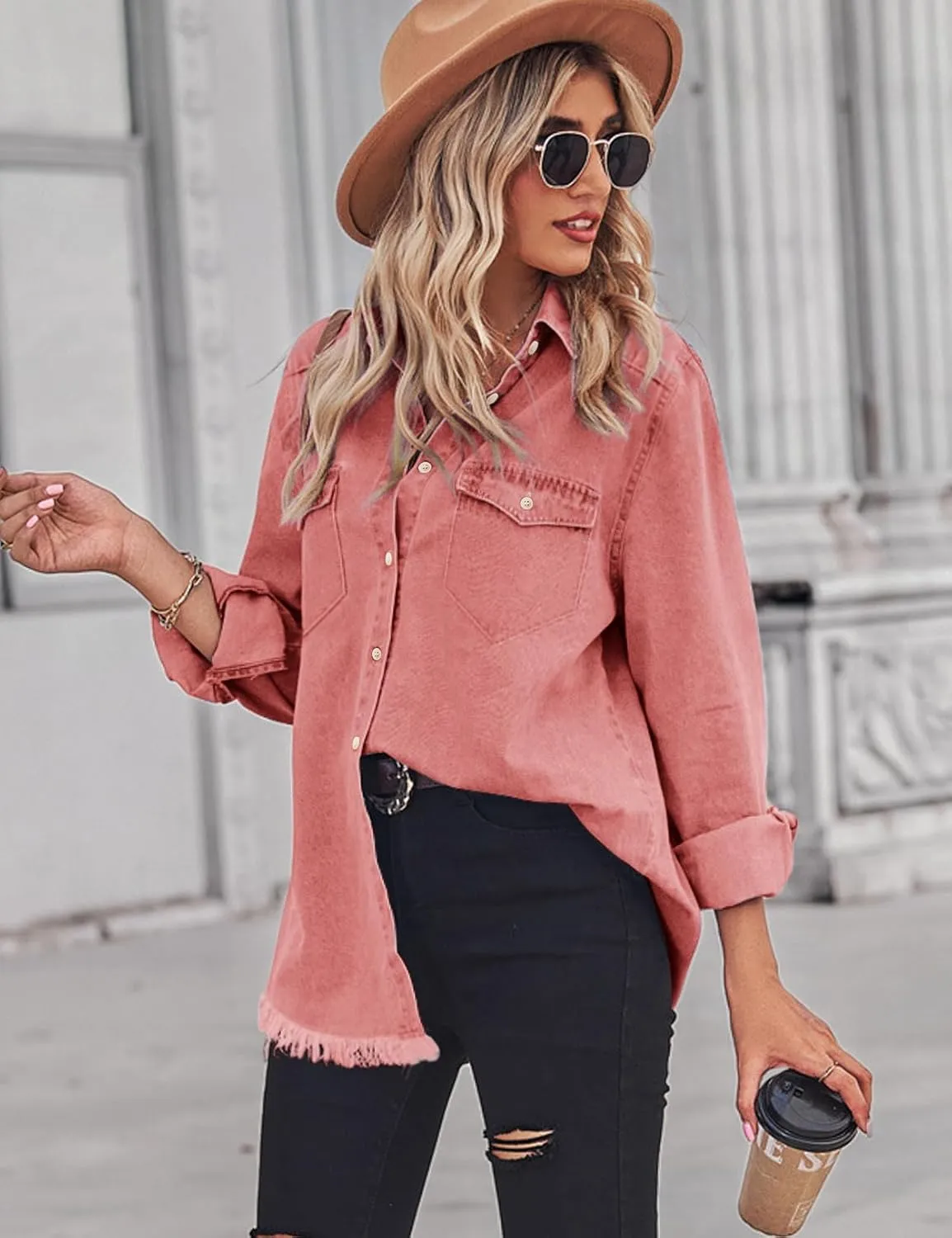 Zilcremo Women Denim Shirt Chambray Collared Jean Shirts Long Sleeve Pocket Button Down Blouses