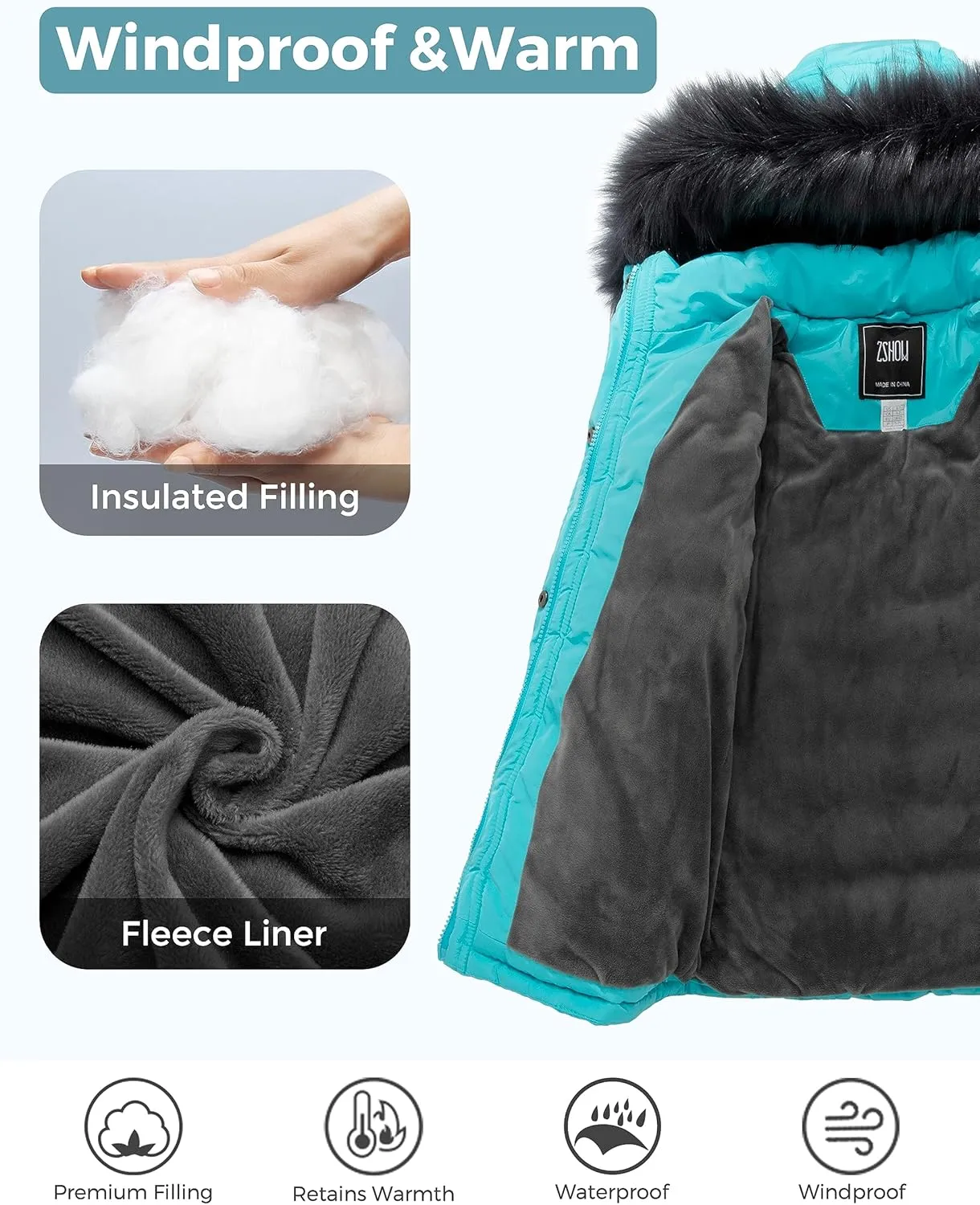 ZSHOW Girls' Puffer Jacket Soft Fleece Lined Warm Hooded Winter Coat