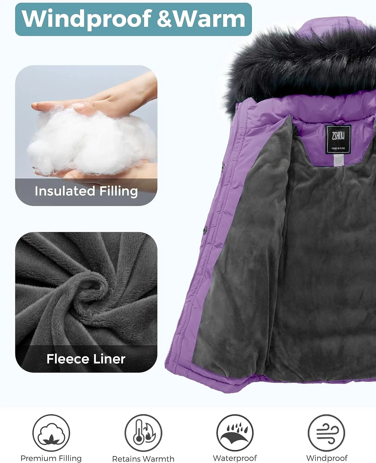 ZSHOW Girls' Puffer Jacket Soft Fleece Lined Warm Hooded Winter Coat