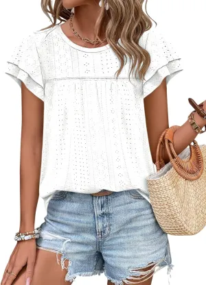 Zwurew Womens Summer Tops Crewneck Eyelet Ruffle Sleeve Blouses Casual Babydoll Shirts 2025 S-2XL