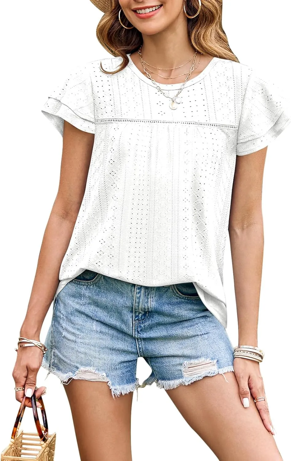 Zwurew Womens Summer Tops Crewneck Eyelet Ruffle Sleeve Blouses Casual Babydoll Shirts 2025 S-2XL