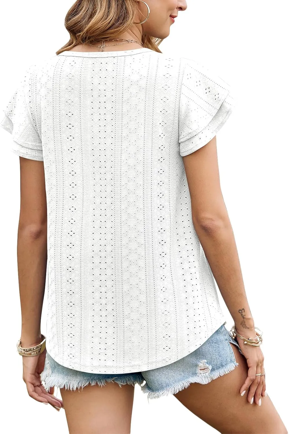 Zwurew Womens Summer Tops Crewneck Eyelet Ruffle Sleeve Blouses Casual Babydoll Shirts 2025 S-2XL