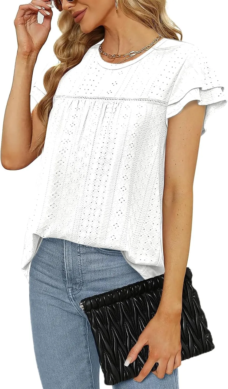 Zwurew Womens Summer Tops Crewneck Eyelet Ruffle Sleeve Blouses Casual Babydoll Shirts 2025 S-2XL