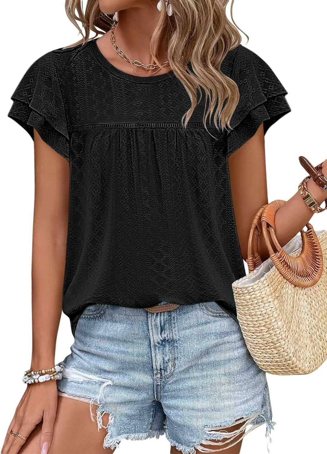 Zwurew Womens Summer Tops Crewneck Eyelet Ruffle Sleeve Blouses Casual Babydoll Shirts 2025 S-2XL